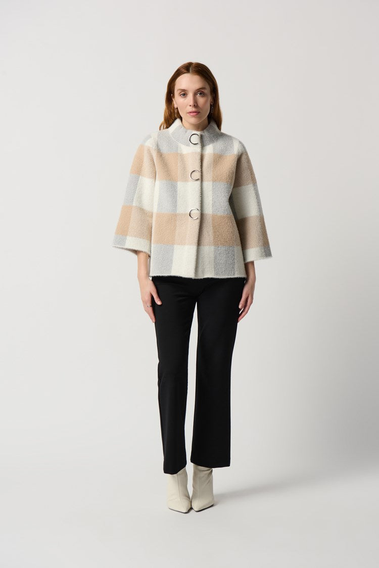 Plaid Jacquard Sweater Jacket With Funnel Neck 234908