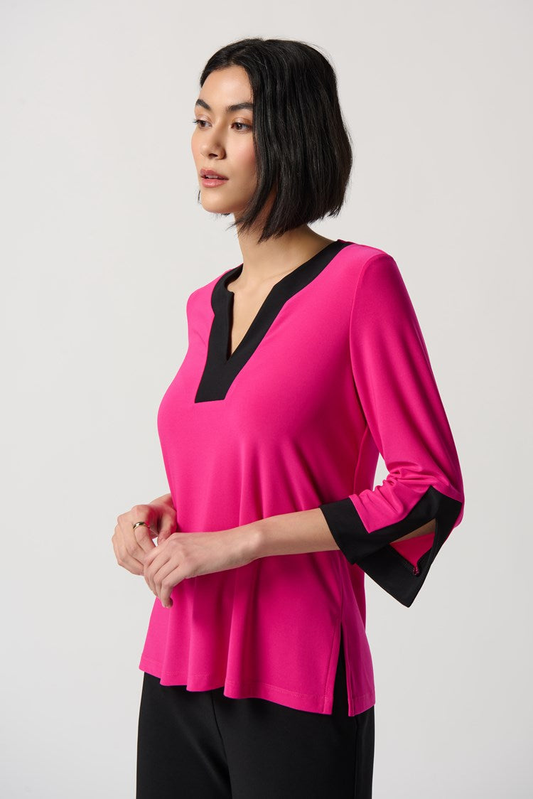 Silky Knit Color-Block Slit Neckline Top 234083