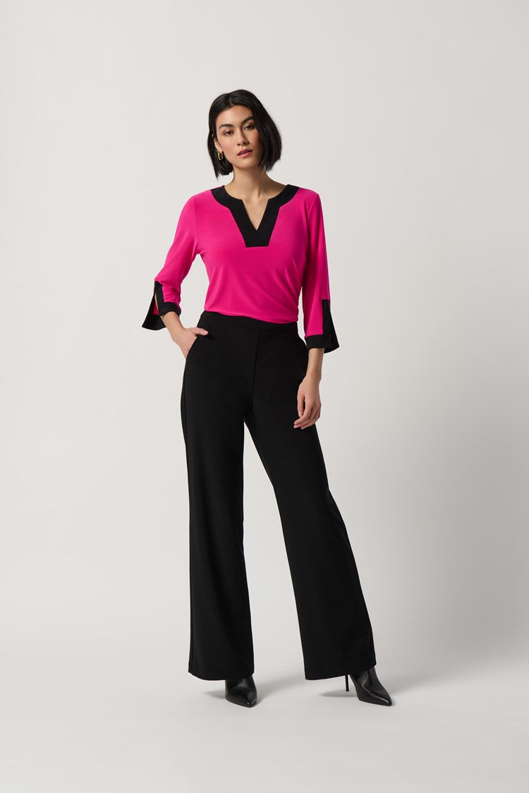 Silky Knit Color-Block Slit Neckline Top 234083