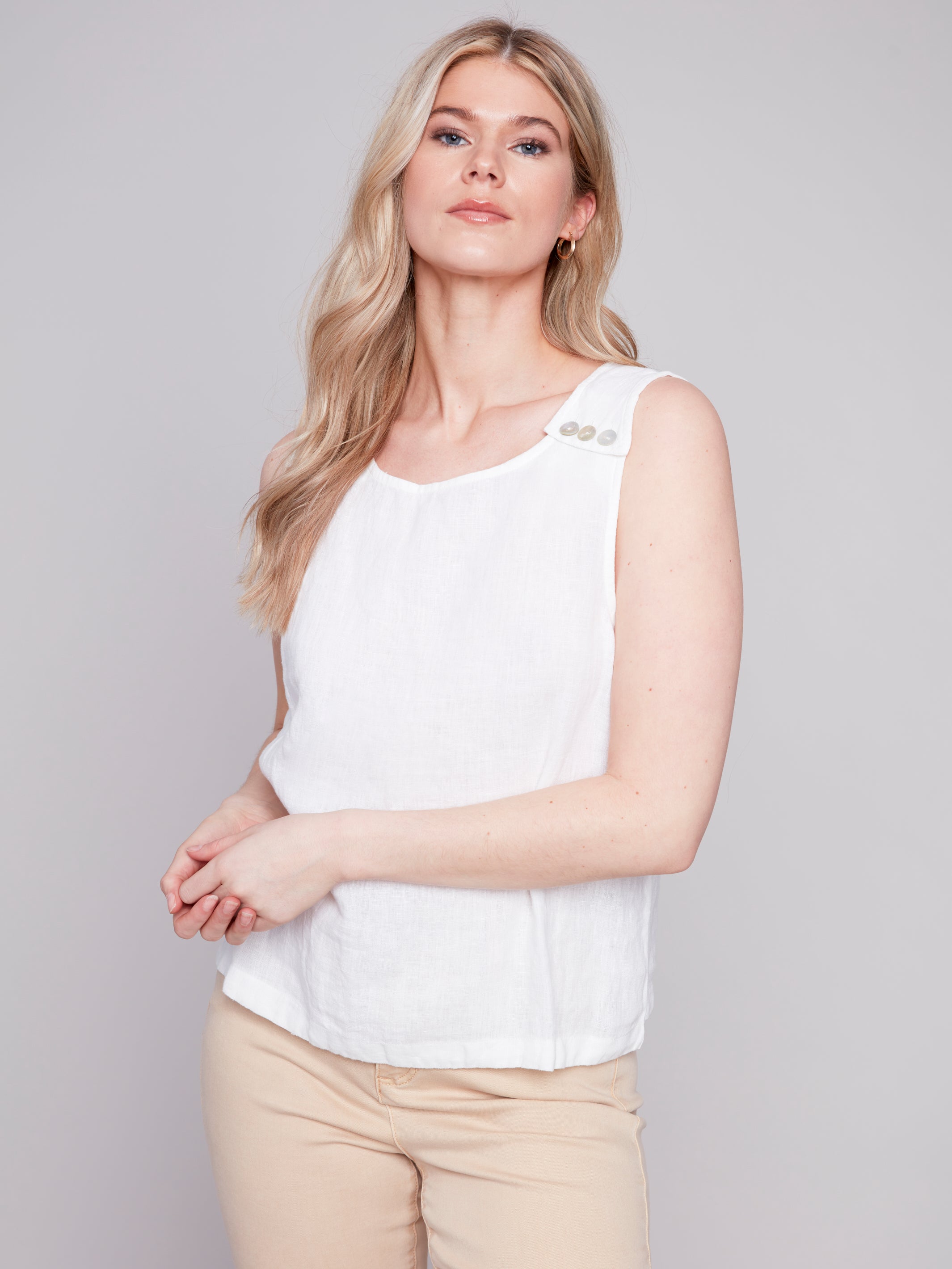Solid Sleeveless Linen Top With Buttons C4544/844C
