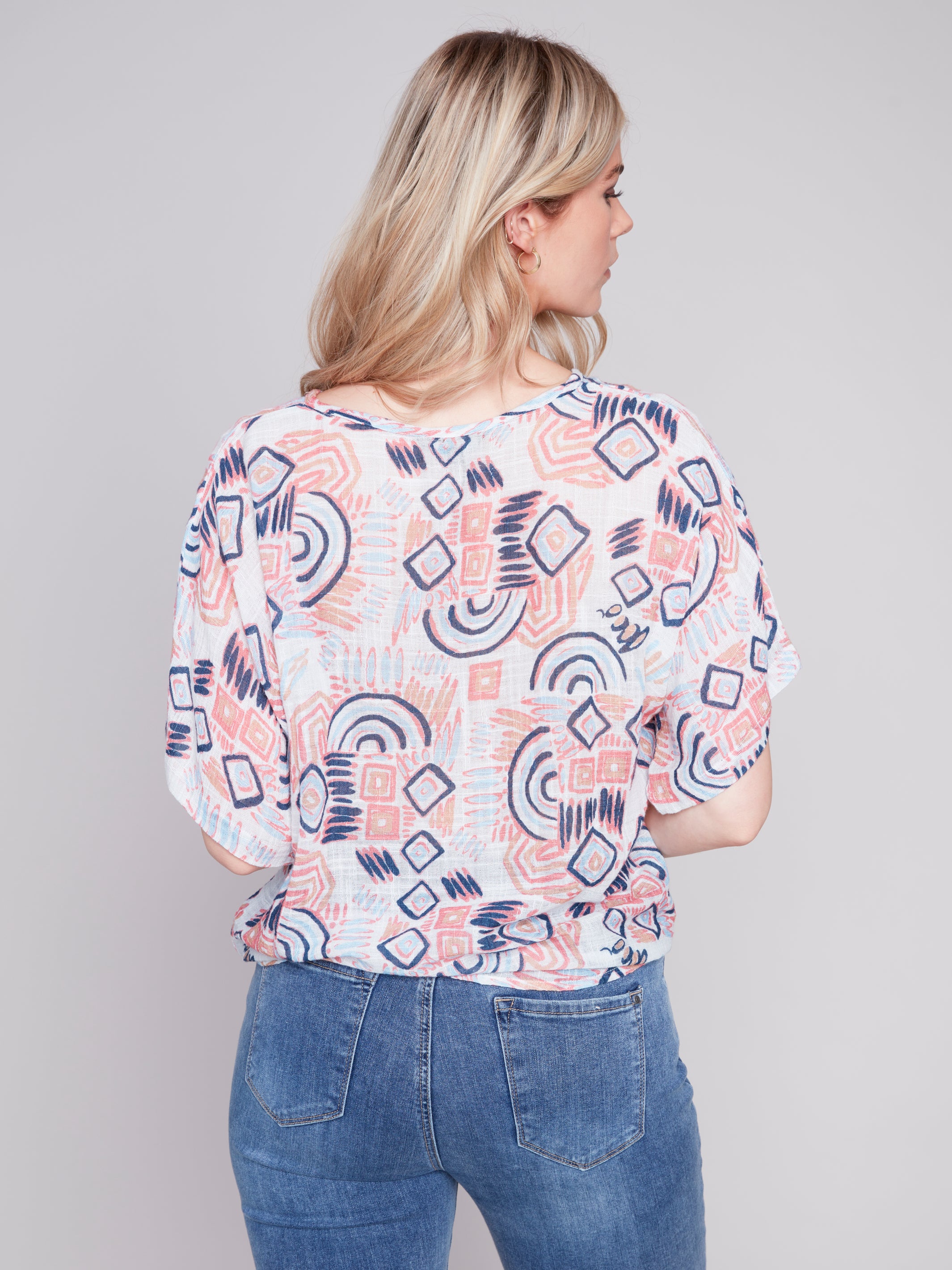 Printed Dolman Cotton Blouse With Side Tie C4403Y/274C