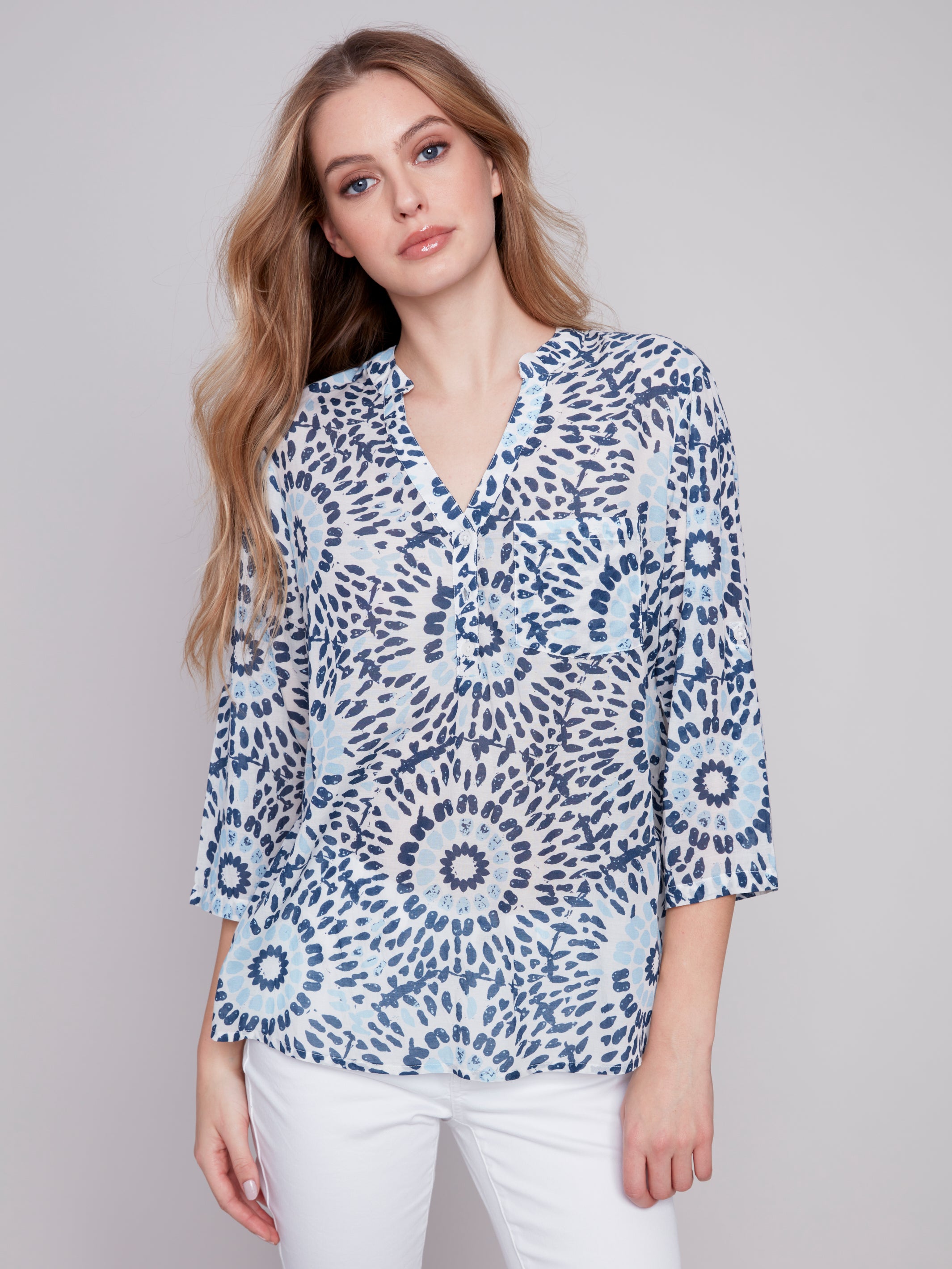 Printed Rayon Roll Up Sleeve Blouse C4188/884B