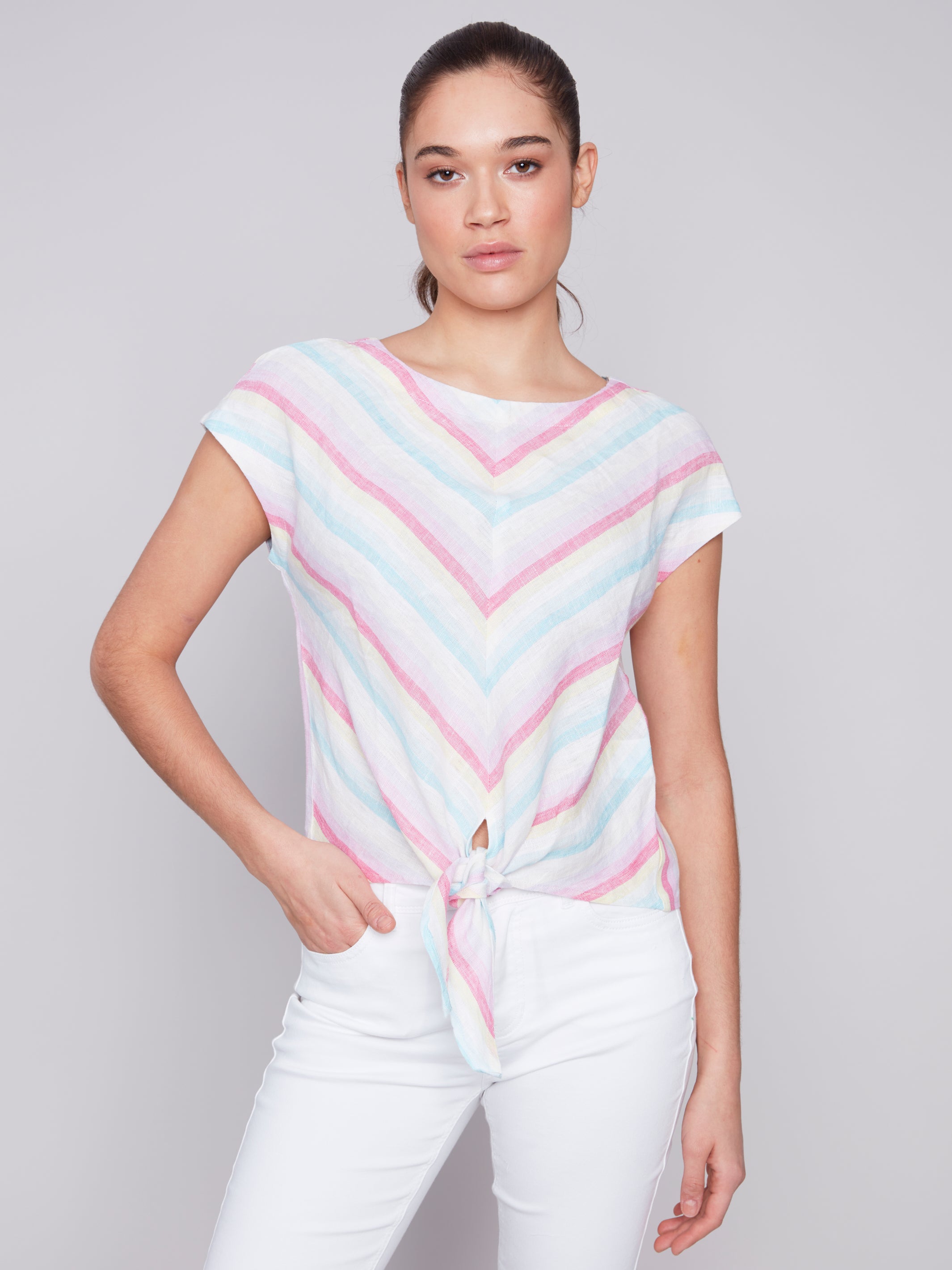 Stripe Cap Sleeve Blouse With Front Tie C4271Y/849B